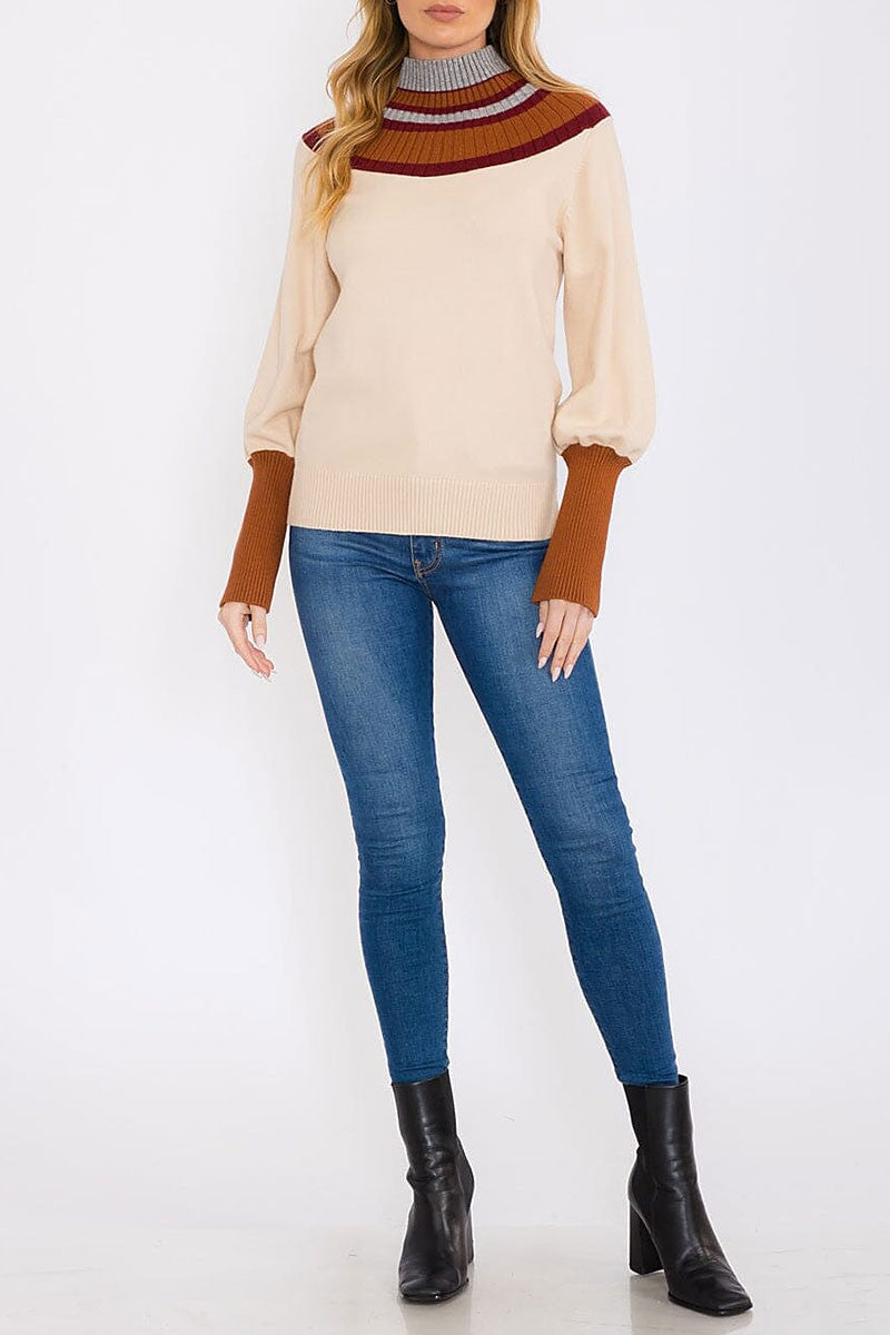 Mock neck pullover colorblock sweater (RVWT8503)