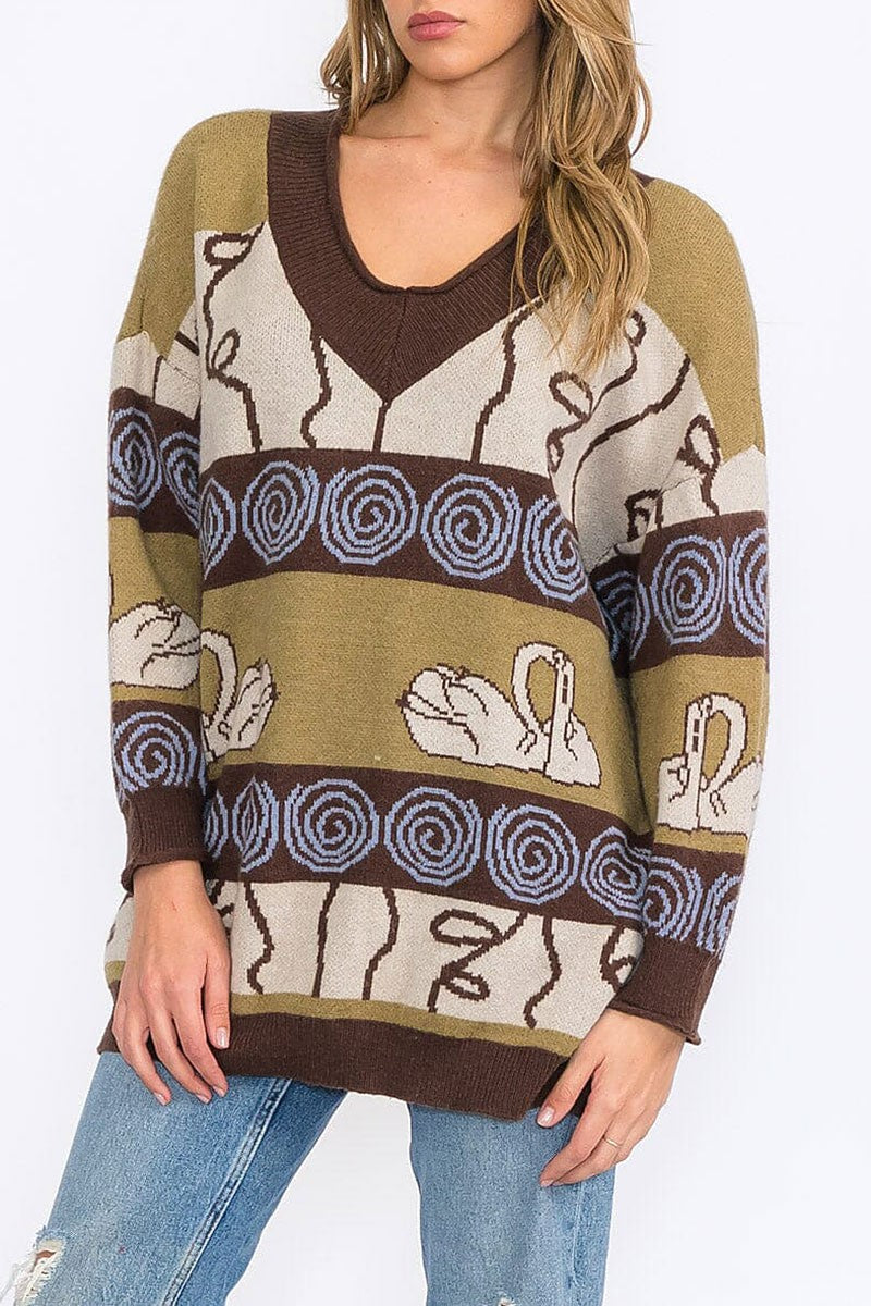 V-neck pullover colorblock multi print sweater (RVWT8555)