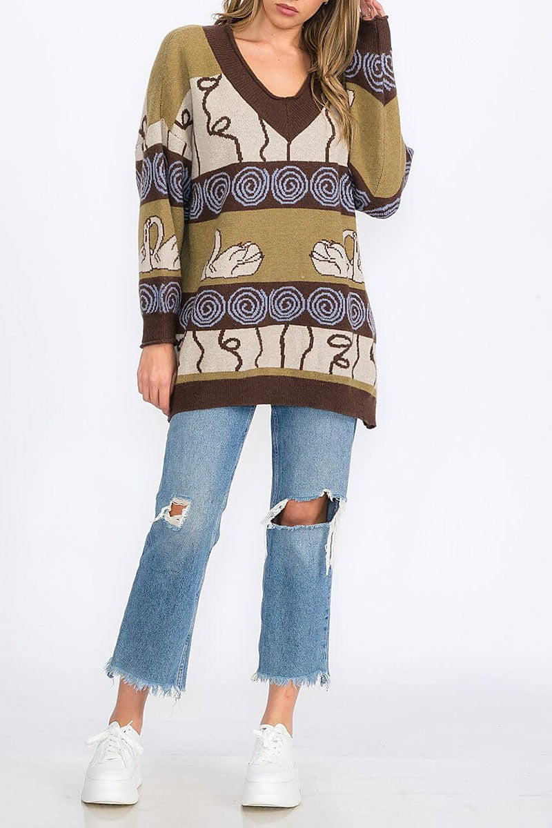 V-neck pullover colorblock multi print sweater (RVWT8555)