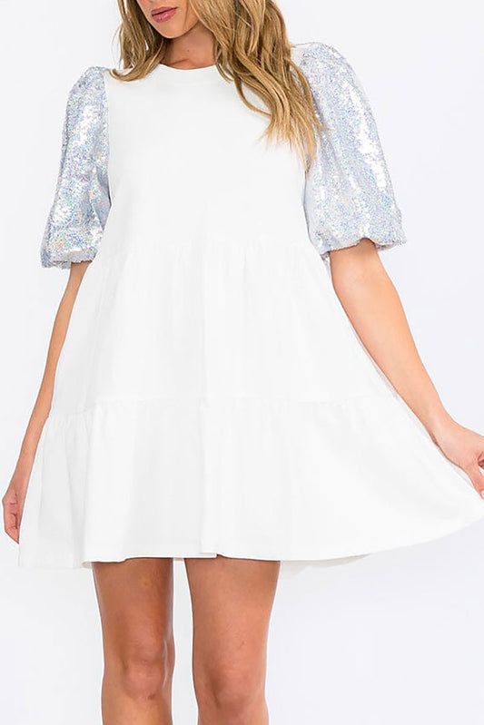 Sequins sleeves tiered pockets tunic mini dress (RVWT8561)