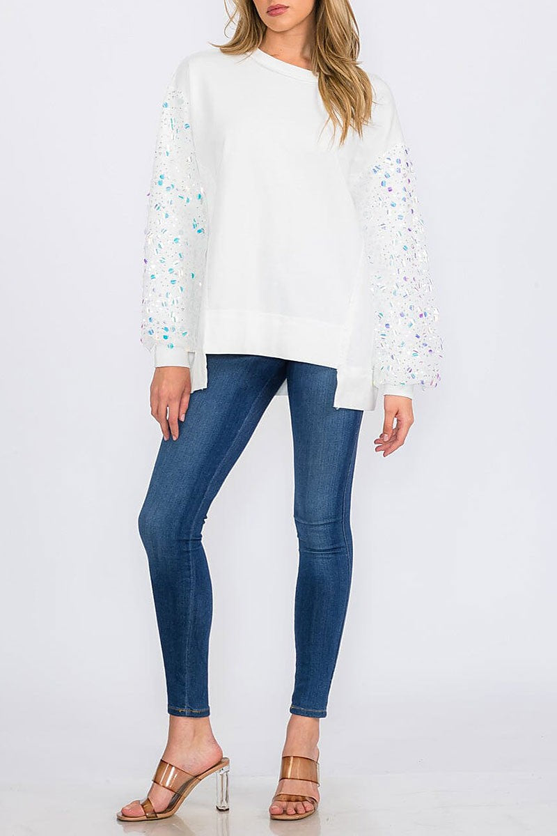 Long sequins sleeves pullover high-low sweater (RVWT8562)