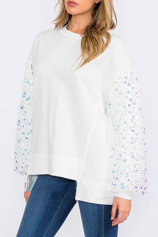 Long sequins sleeves pullover high-low sweater (RVWT8562)