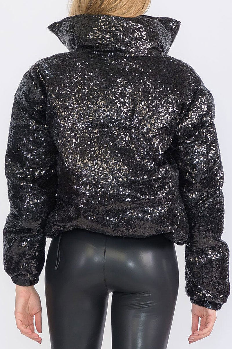 Zip up front pockets puffer sequins jacket (RVWT8565)