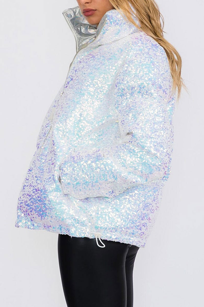 Zip up front pockets puffer sequins jacket (RVWT8565)