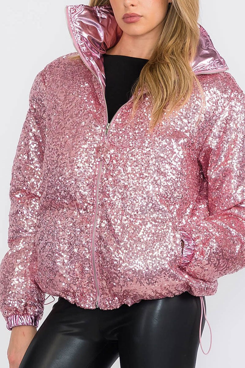 Zip up front pockets puffer sequins jacket (RVWT8565)