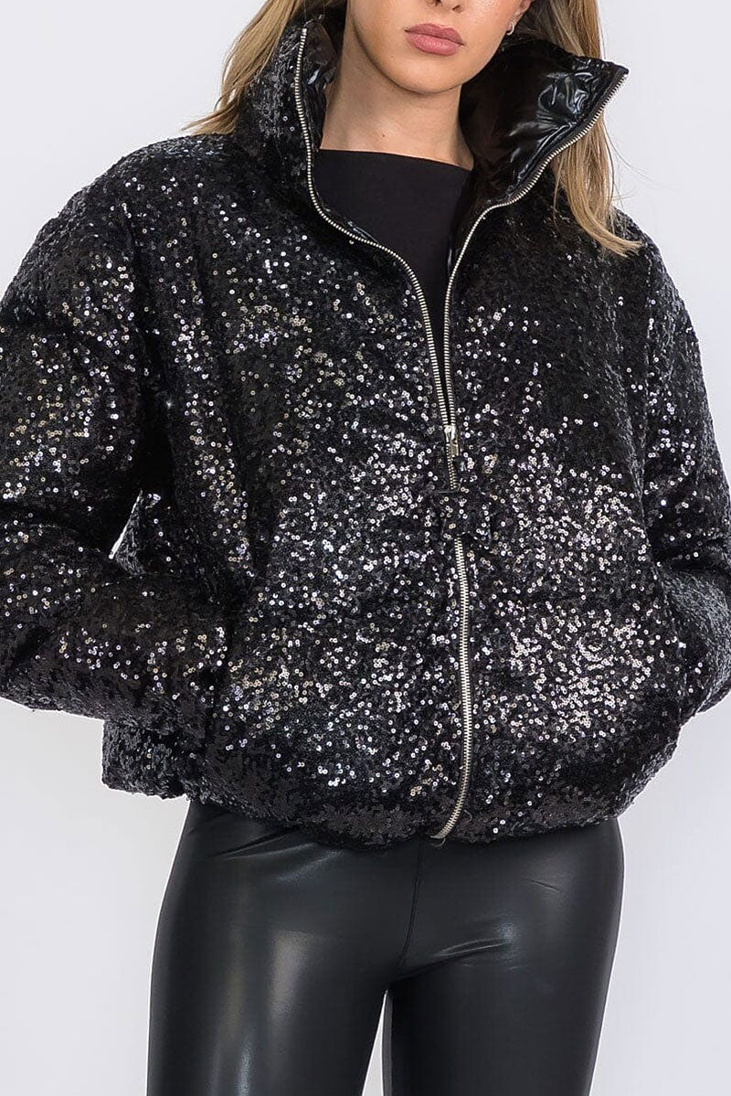 Zip up front pockets puffer sequins jacket (RVWT8565)