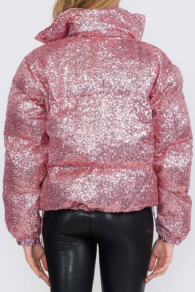 Zip up front pockets puffer sequins jacket (RVWT8565)