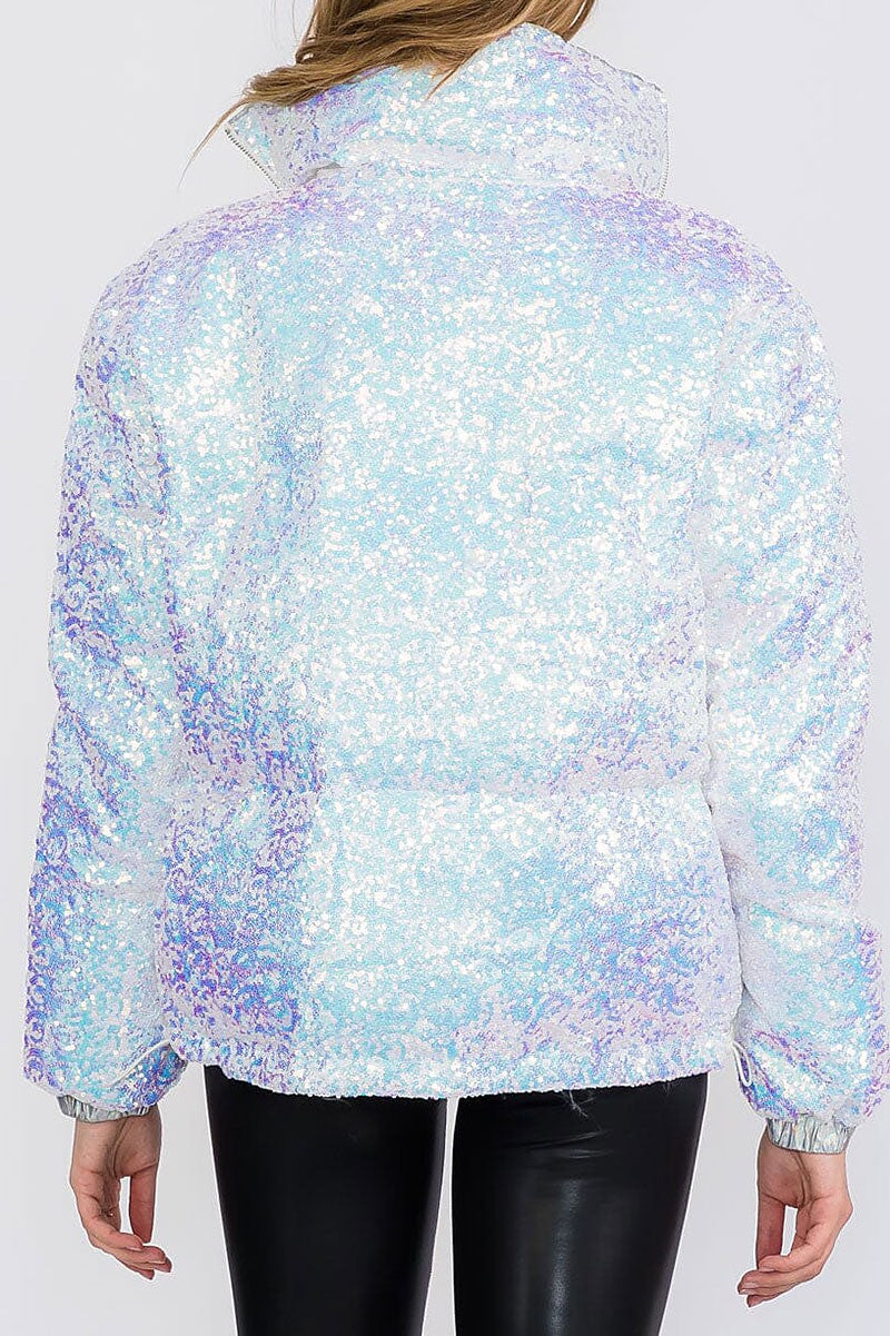 Zip up front pockets puffer sequins jacket (RVWT8565)