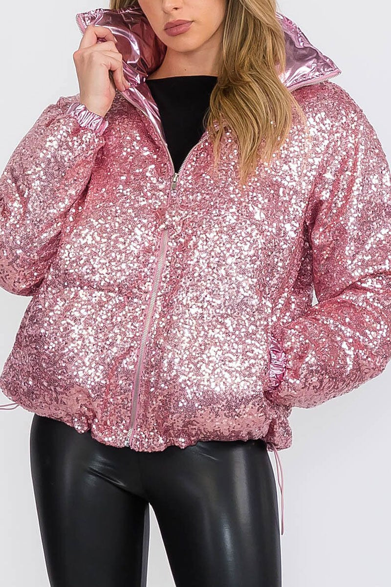 Zip up front pockets puffer sequins jacket (RVWT8565)