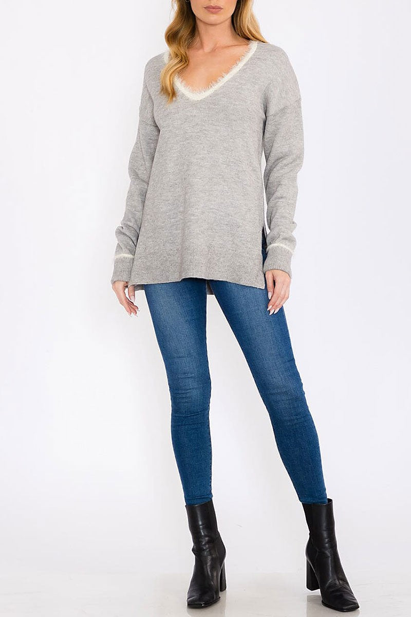 V-neck pullover trim detailed sweater (RVWT8568)