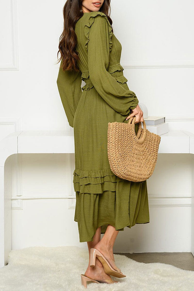 Long sleeve v-neck ruffle maxi dress (RVWT8569)