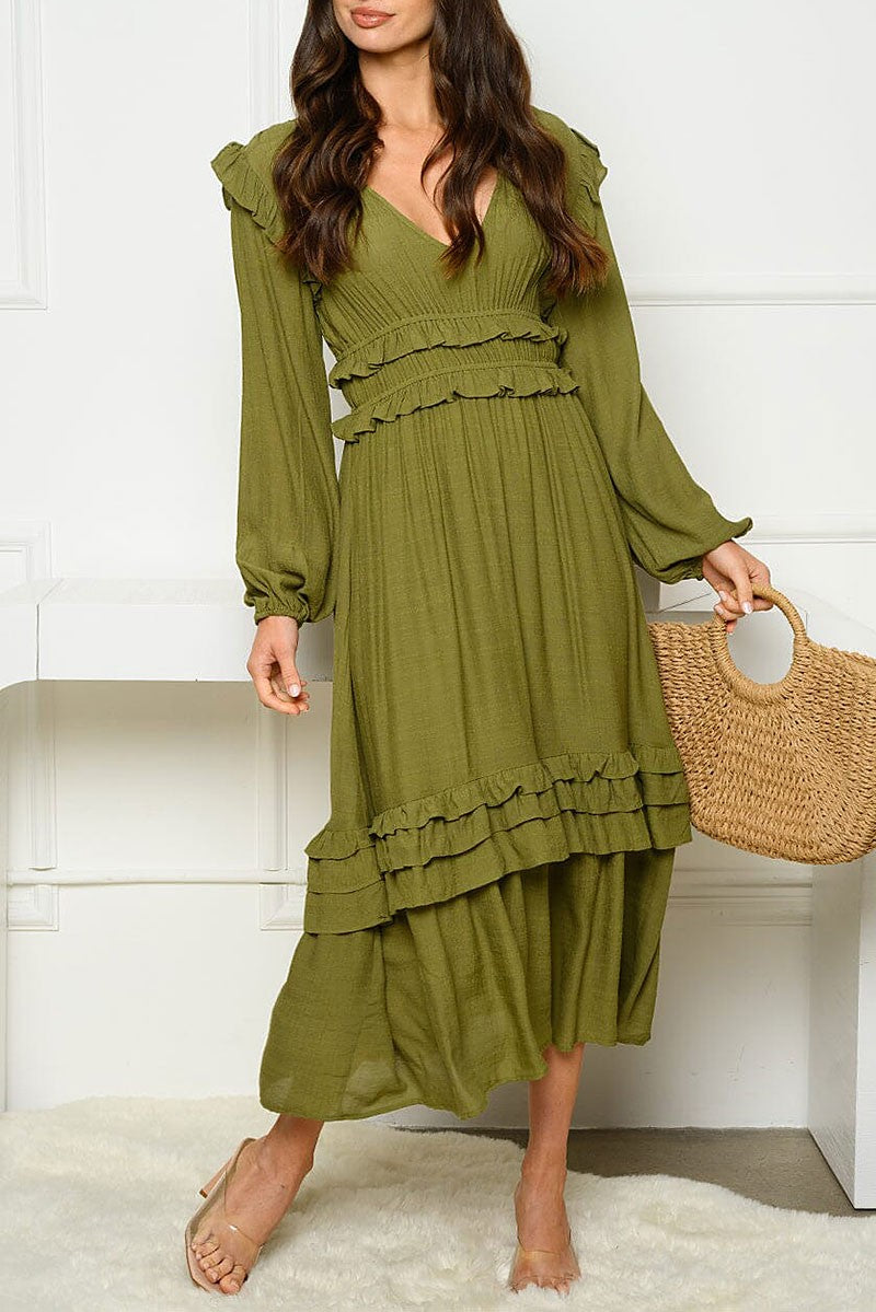 Long sleeve v-neck ruffle maxi dress (RVWT8569)