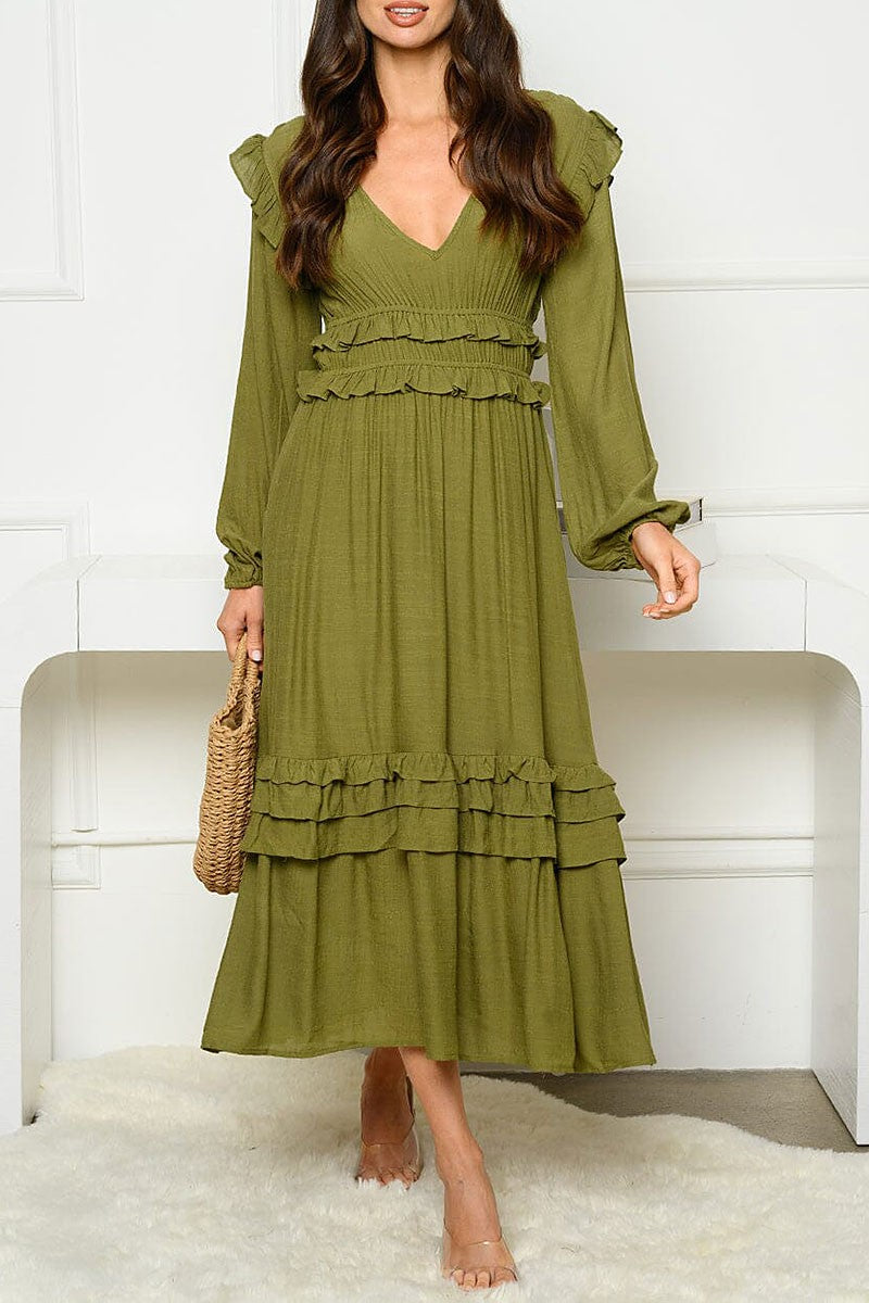 Long sleeve v-neck ruffle maxi dress (RVWT8569)