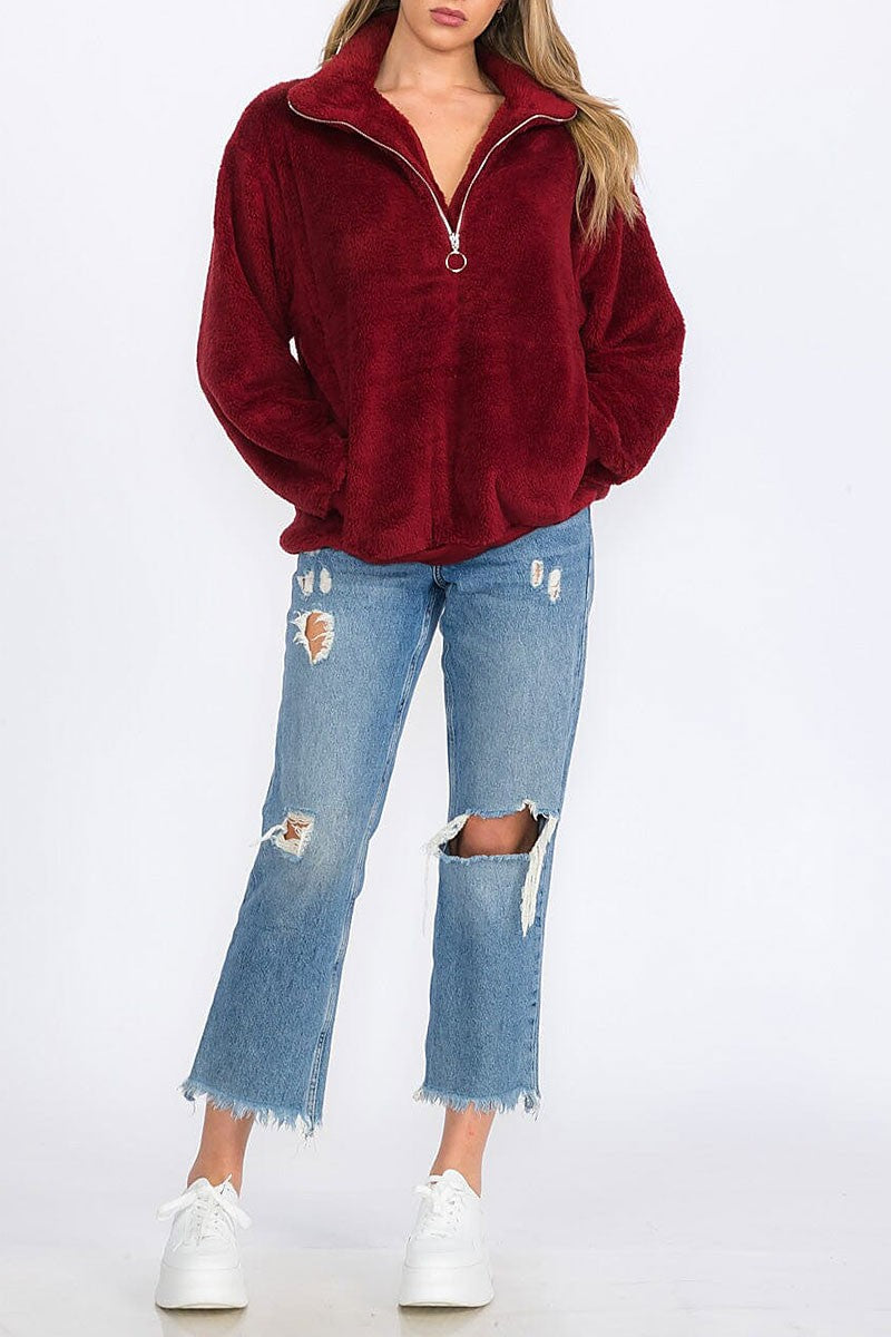 Zip up front pockets sherpa pullover sweater (RVWT8590)