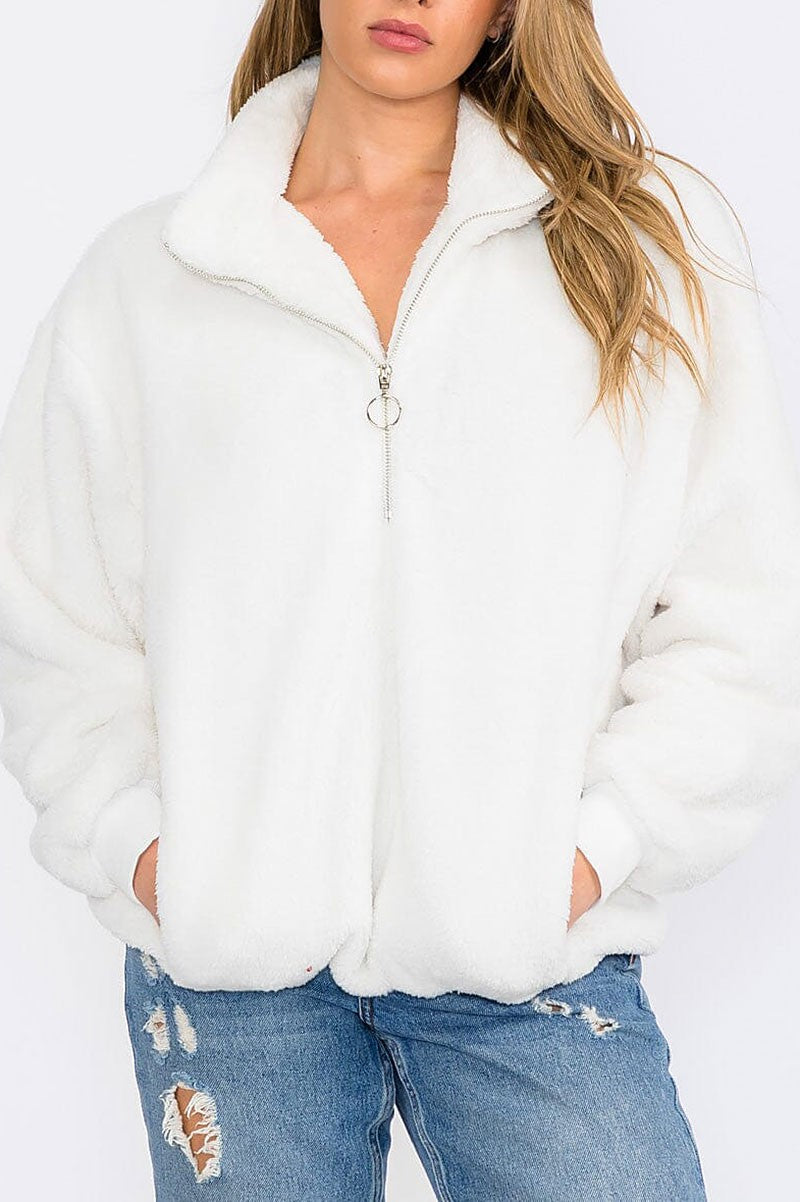 Zip up front pockets sherpa pullover sweater (RVWT8590)