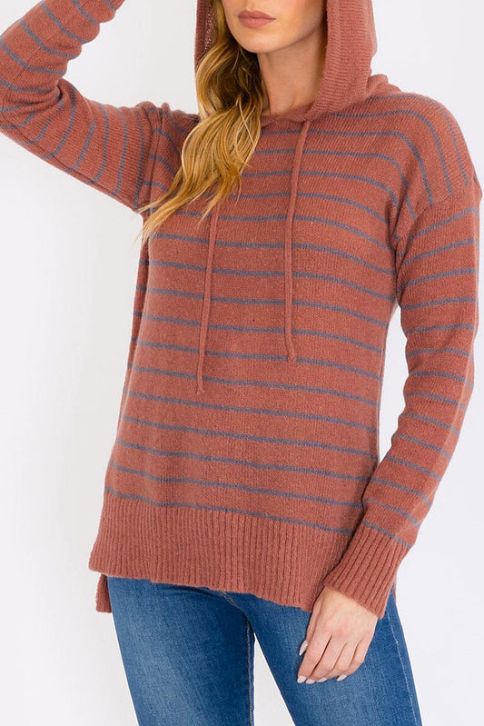 Long sleeves hooded stripe pullover sweater (RVWT8592)