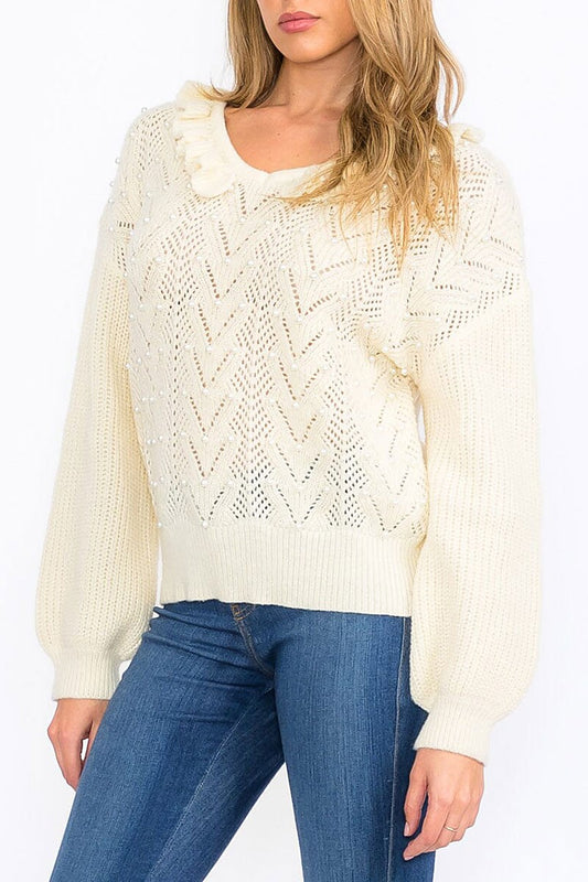 Long sleeves ruffle pearl knit pullover sweater (RVWT8597)