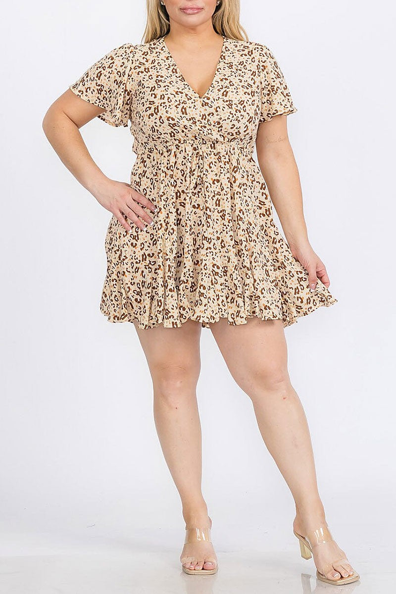 Short sleeves surplice animal print mini dress (RVWT8610)