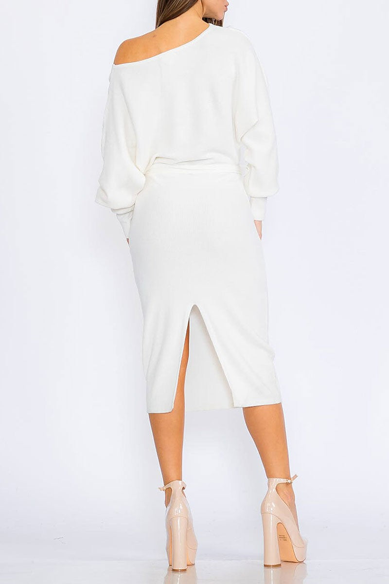 Long sleeve self tie ribbed bodycon midi dress (RVWT8616)