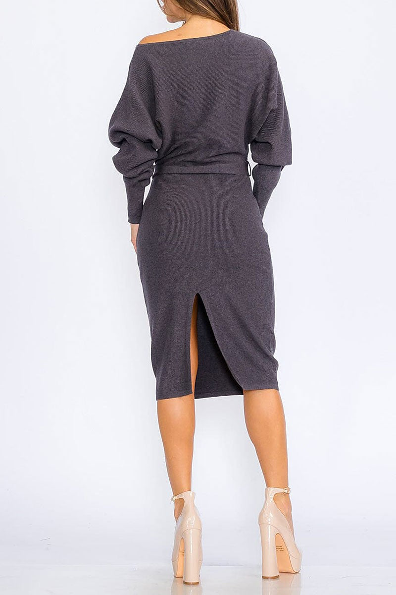 Long sleeve self tie ribbed bodycon midi dress (RVWT8616)