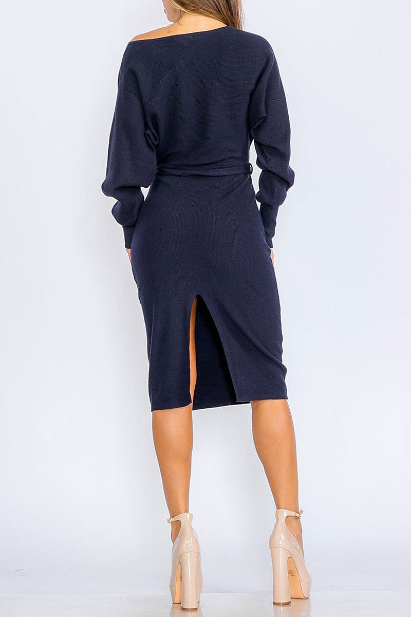 Long sleeve self tie ribbed bodycon midi dress (RVWT8616)