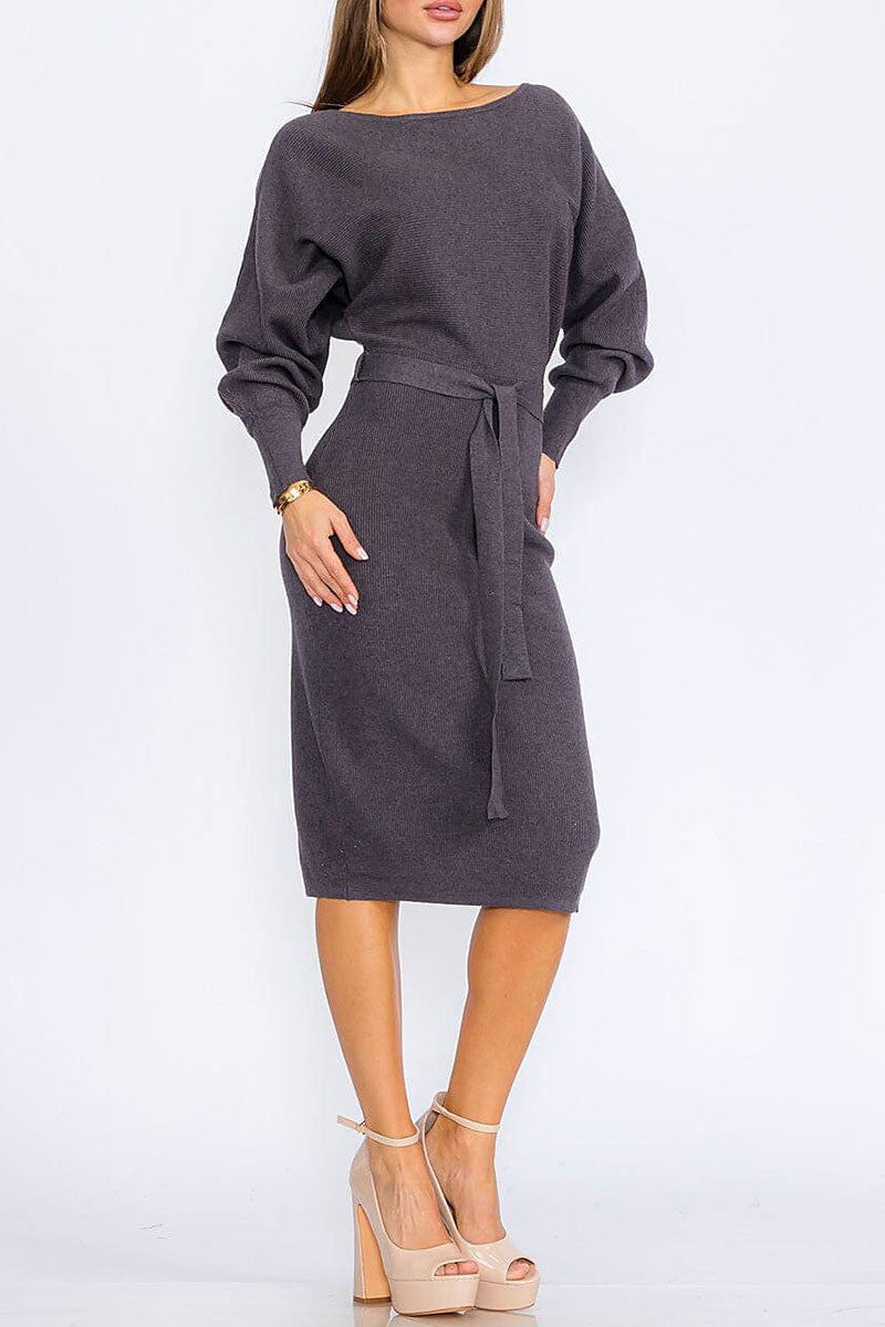 Long sleeve self tie ribbed bodycon midi dress (RVWT8616)