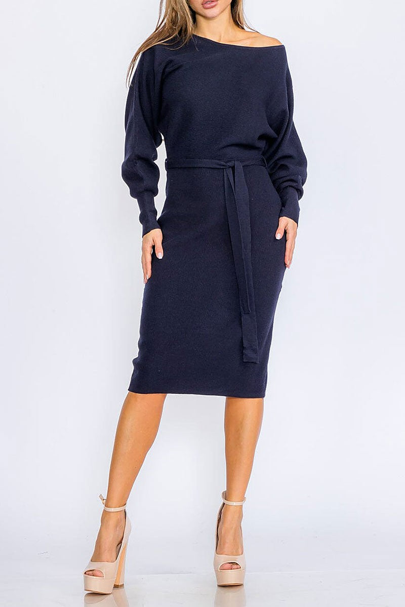 Long sleeve self tie ribbed bodycon midi dress (RVWT8616)