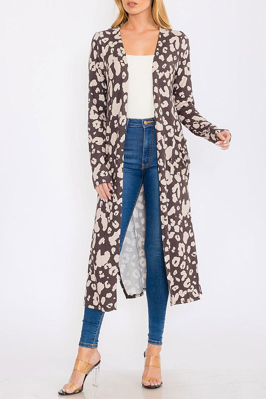 Open front pockets animal print cardigan (RVWT8626)