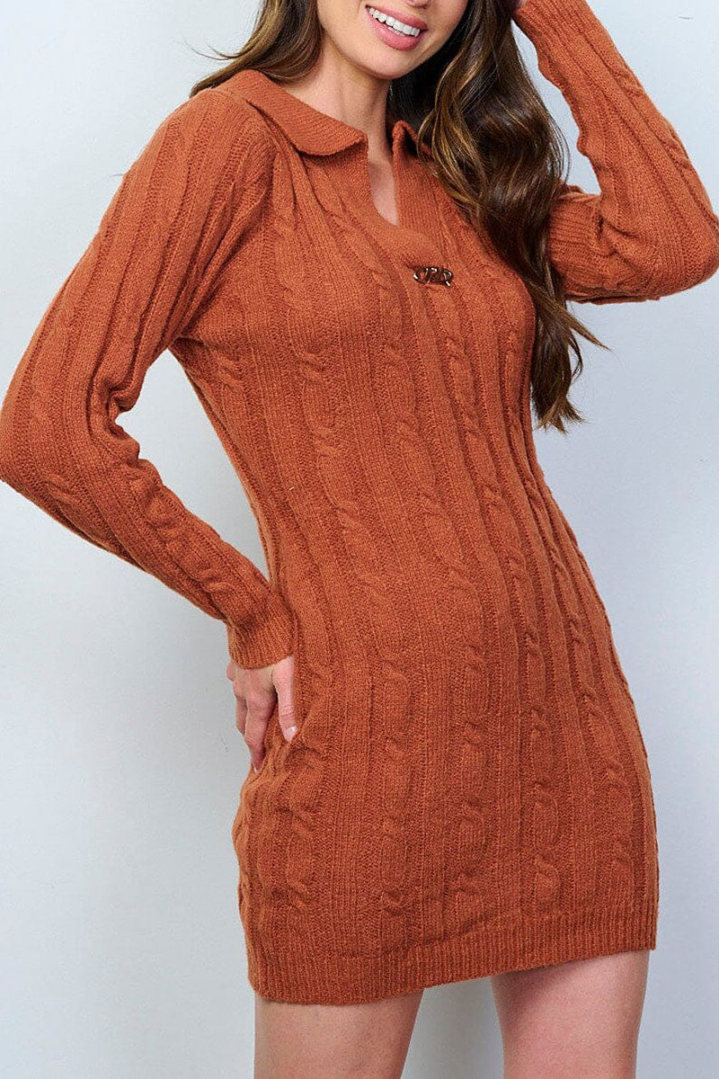 Long sleeve knit v-neck sweater mini dress (RVWT8742)