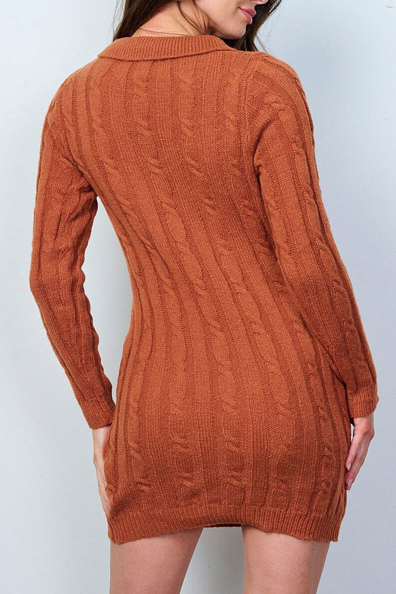 Long sleeve knit v-neck sweater mini dress (RVWT8742)