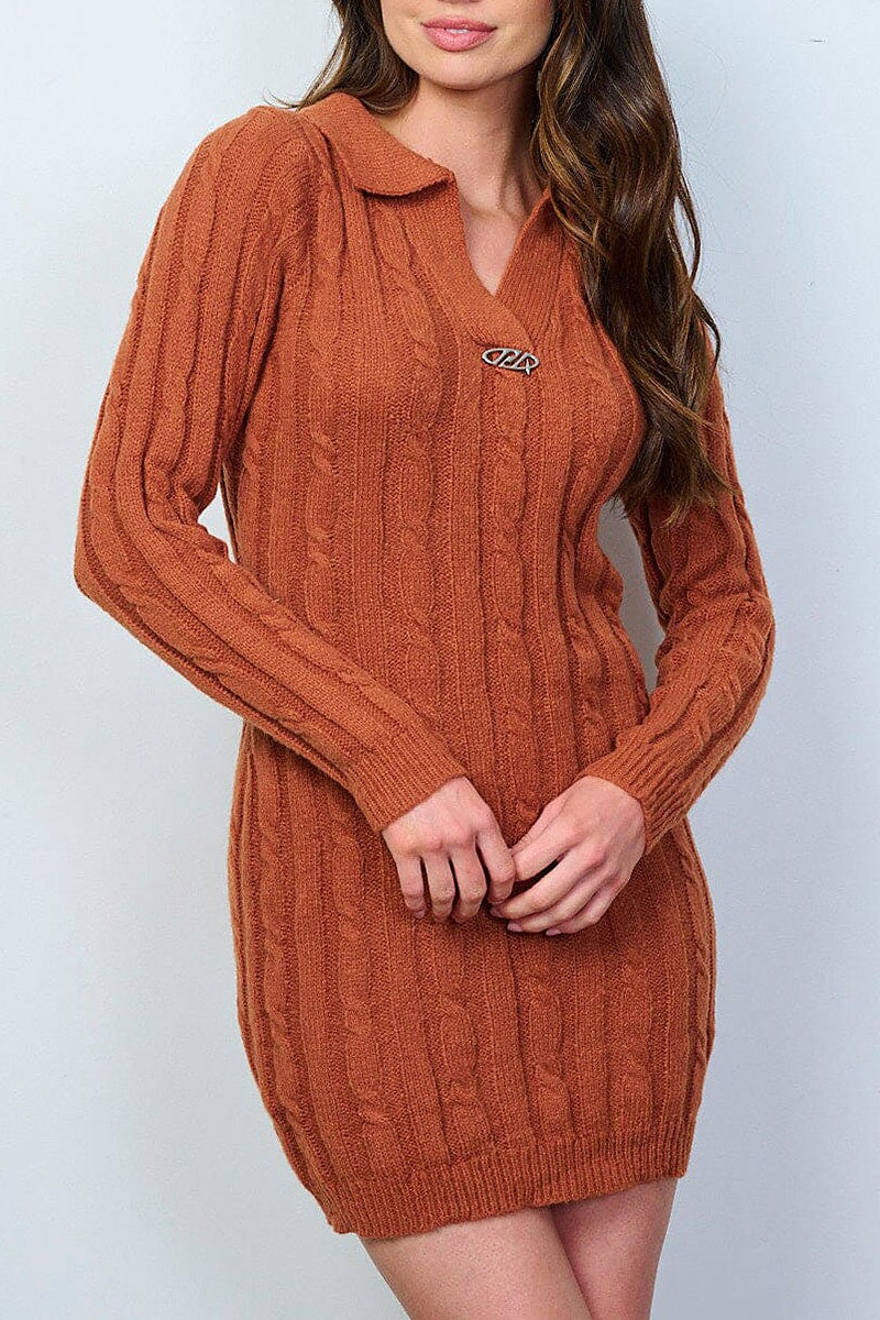 Long sleeve knit v-neck sweater mini dress (RVWT8742)