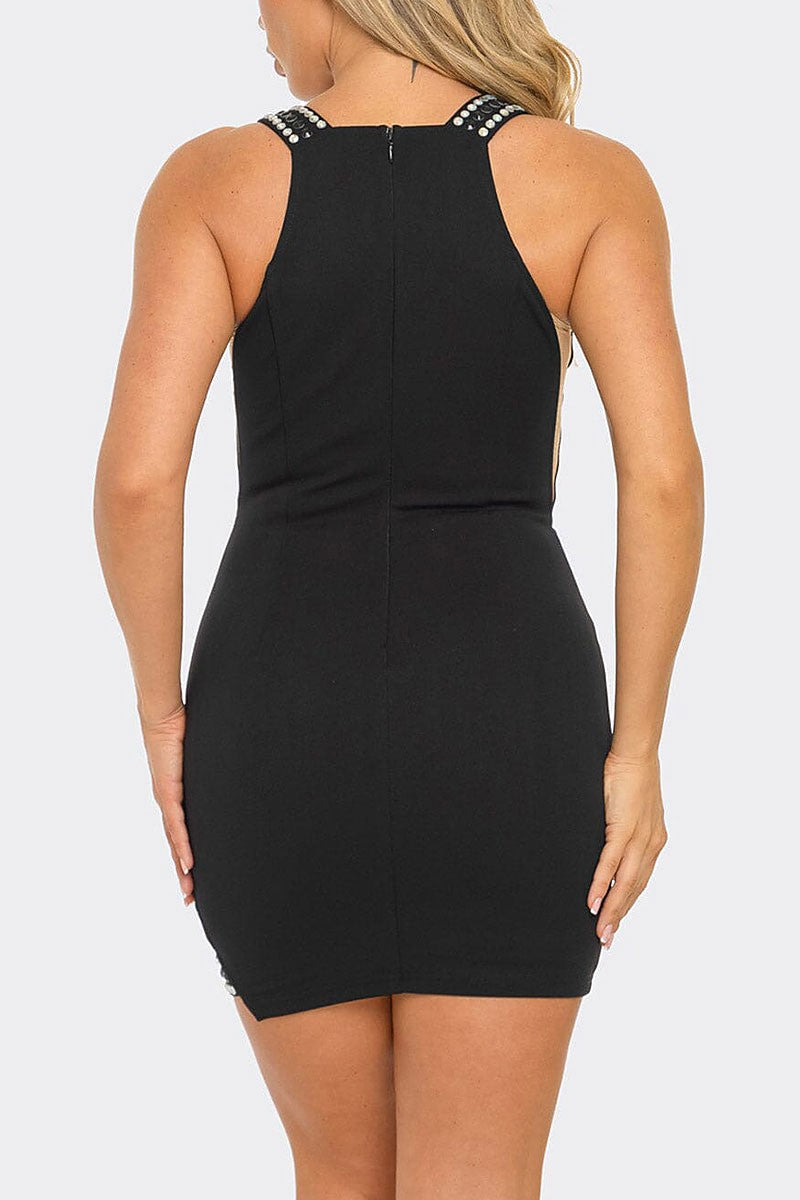 Sleeveless v-neck mesh studs bodycon mini dress (RVWT8755)