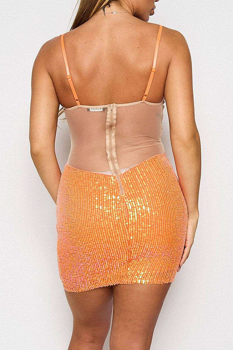 Mesh open back bodycon sequins mini dress (RVWT8760)