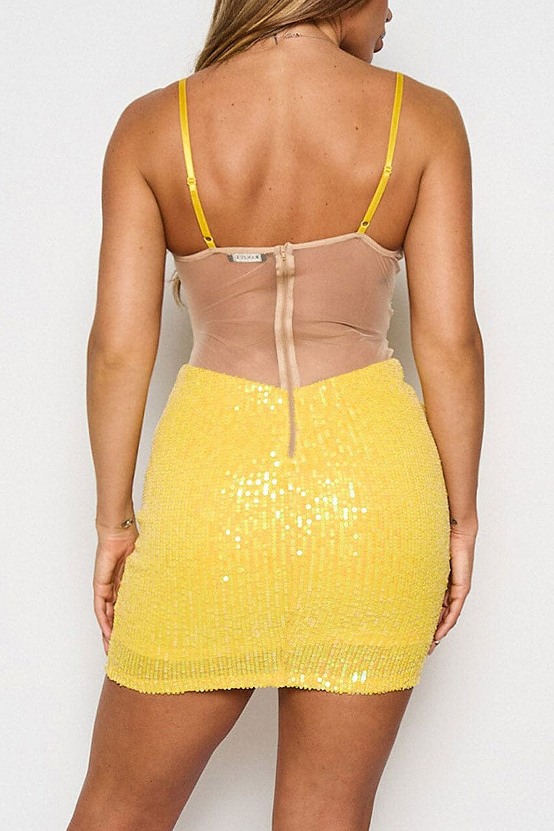 Mesh open back bodycon sequins mini dress (RVWT8760)