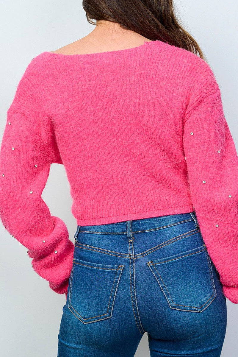 Long sleeve front twist studs detailed sweater (RVWT8783)