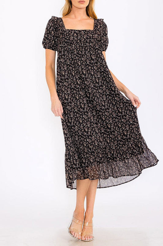 Puff sleeve square neck floral tiered maxi dress (RVWT8796)