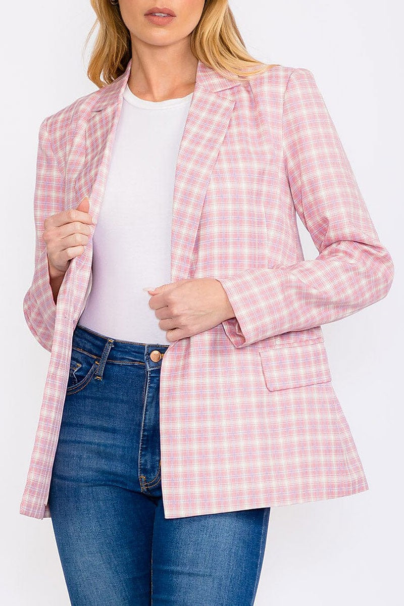 Long sleeves button closure checkered print blazer (RVWT8798)