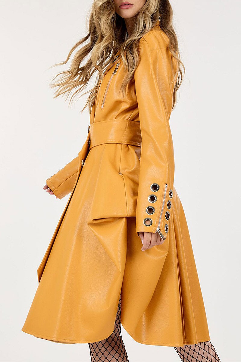 Button closure belted pu pleather coat (RVWT8811)