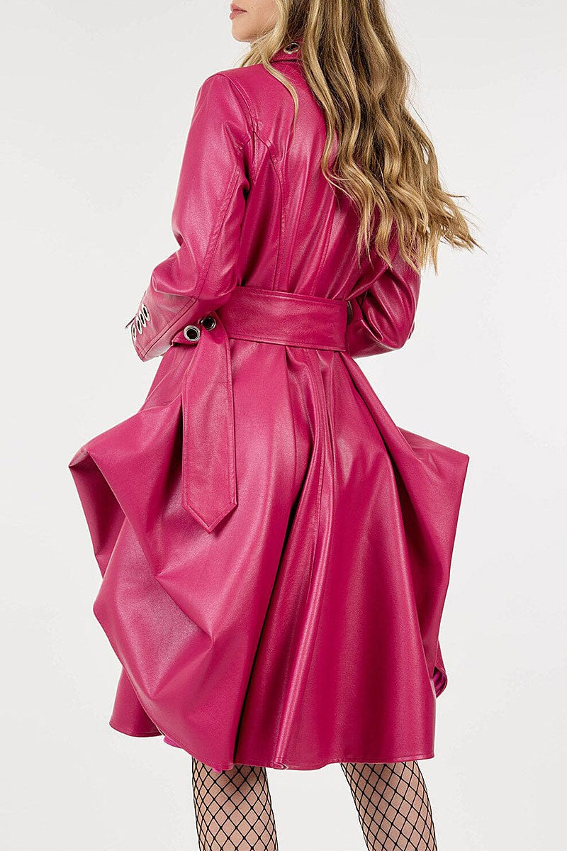 Button closure belted pu pleather coat (RVWT8811)