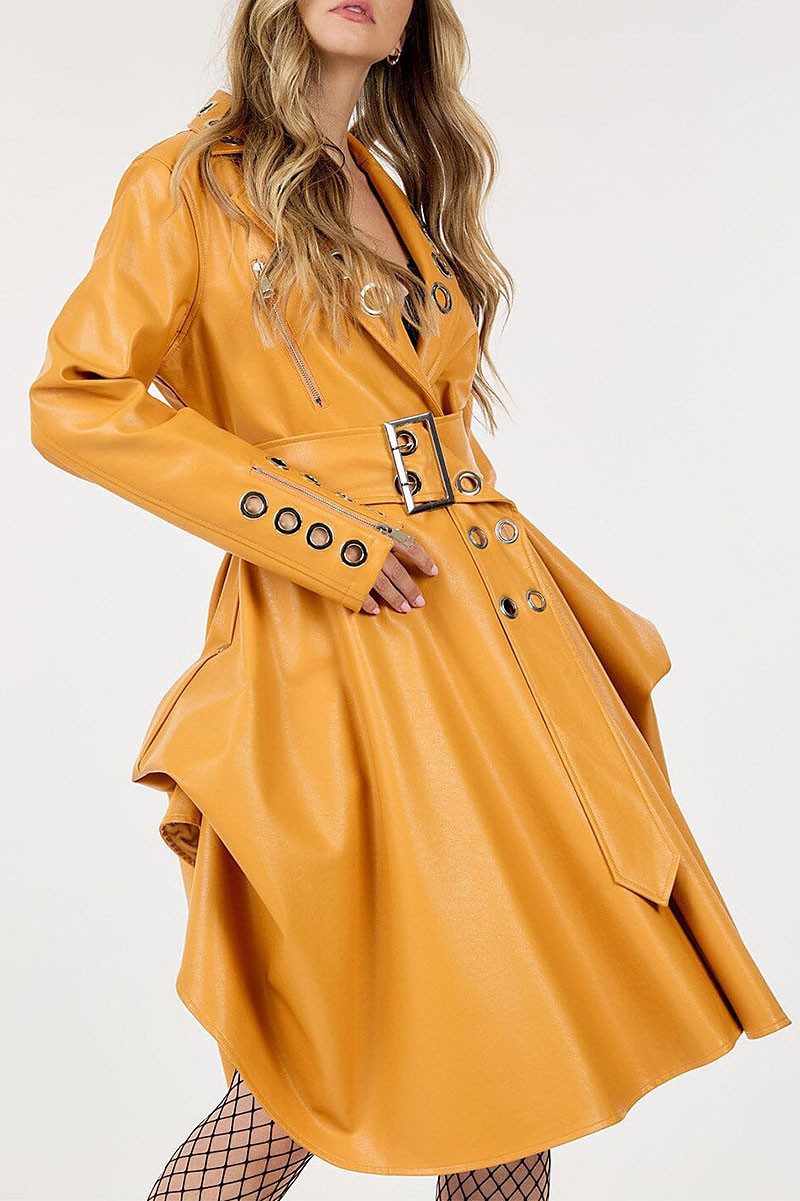 Button closure belted pu pleather coat (RVWT8811)