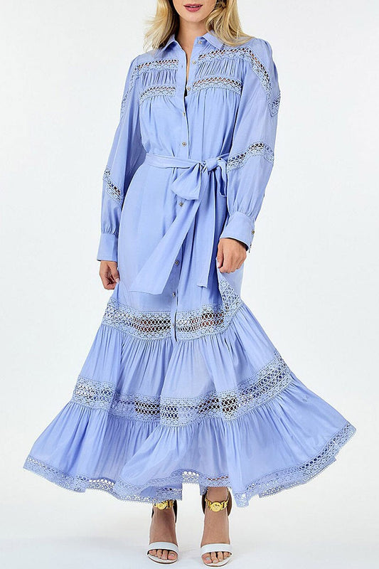 Button up self tie eyelet detailed maxi dress (RVWT8812)