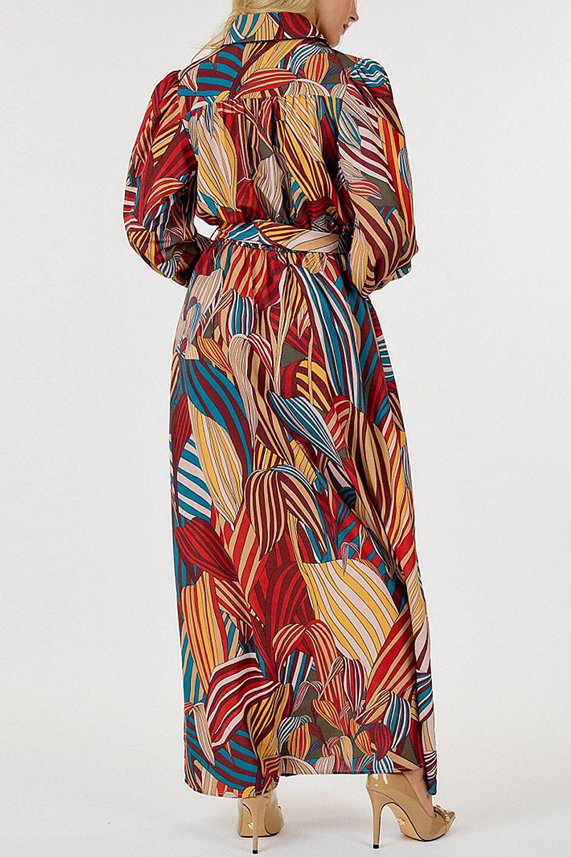 Button up pockets self tie leaf print maxi dress (RVWT8815)