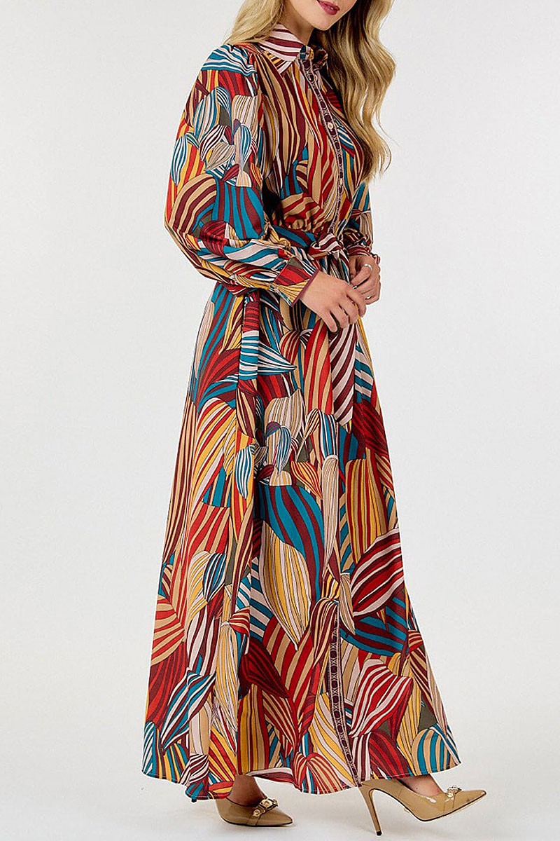 Button up pockets self tie leaf print maxi dress (RVWT8815)