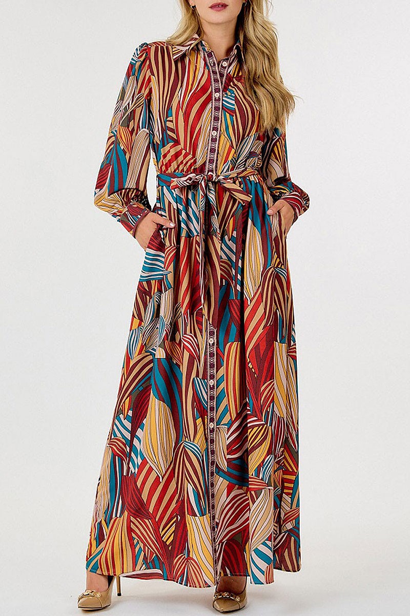 Button up pockets self tie leaf print maxi dress (RVWT8815)