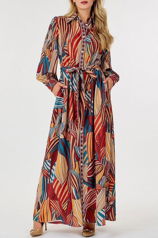 Button up pockets self tie leaf print maxi dress (RVWT8815)