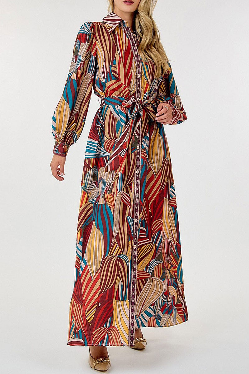 Button up pockets self tie leaf print maxi dress (RVWT8815)