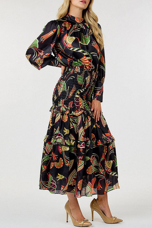 Long sleeve smock tiered floral print maxi dress (RVWT8816)