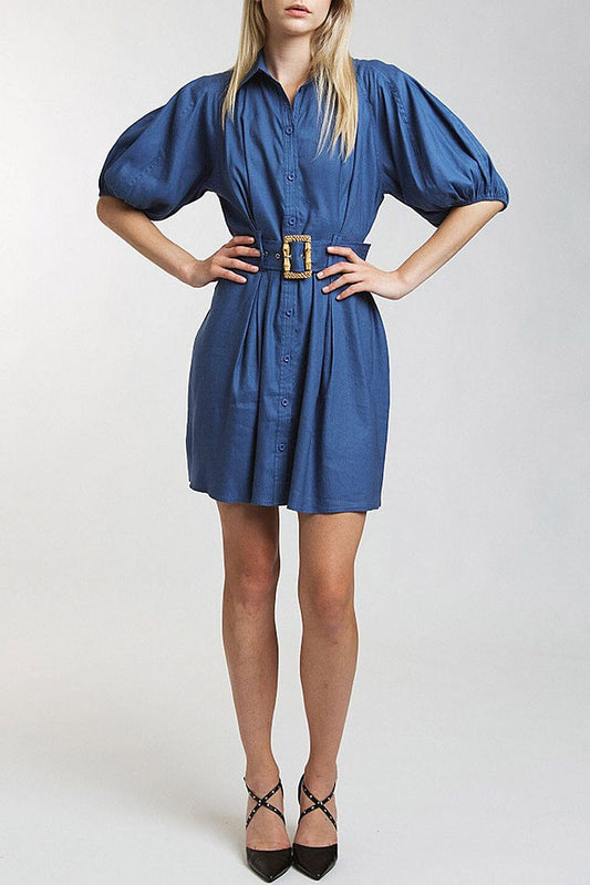 Short puff sleeve button up front belt mini dress (RVWT8821)