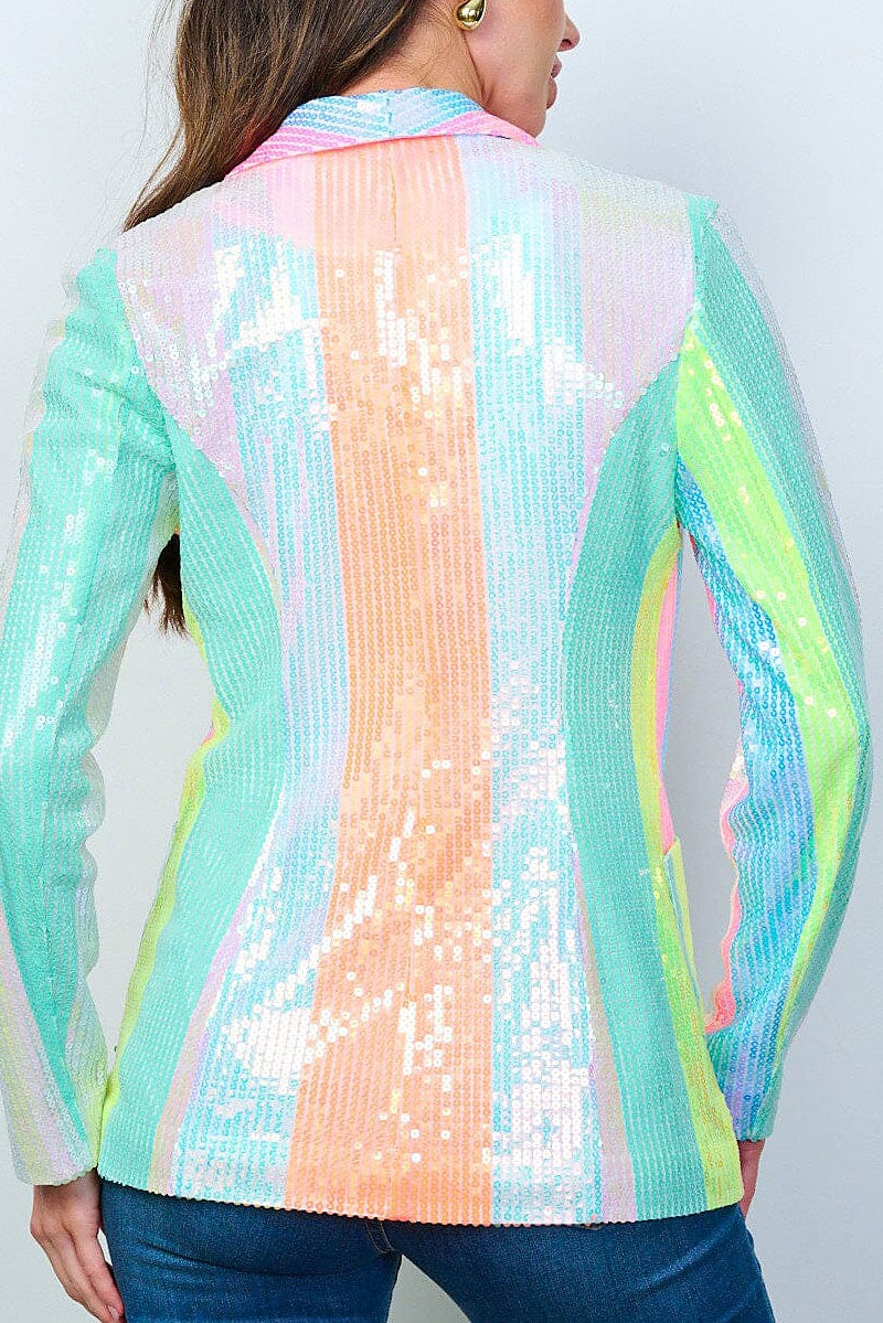 Button closure sequins colorblock blazer (RVWT8825)