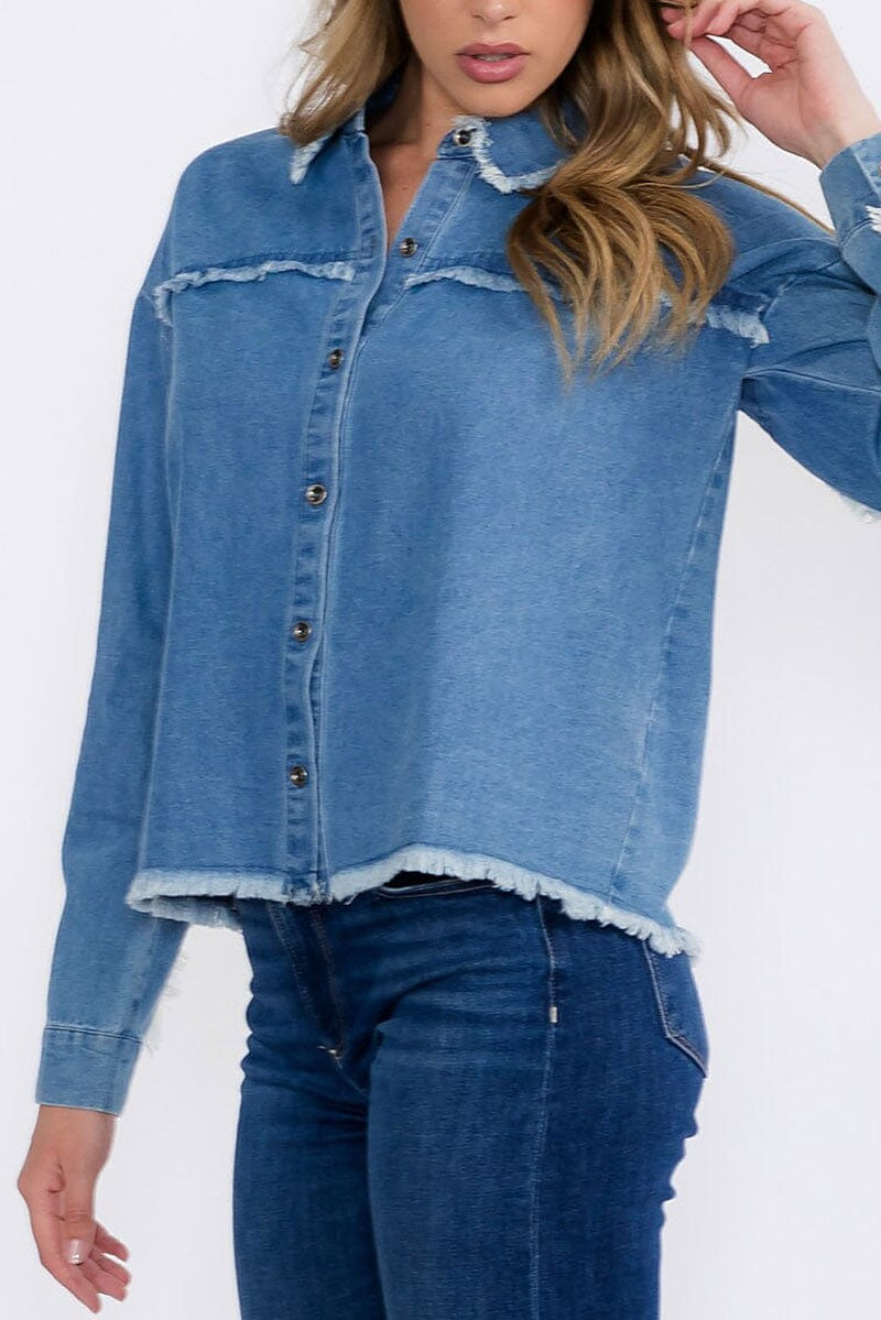 Long sleeve button closure trim detailed denim top (RVWT8894)